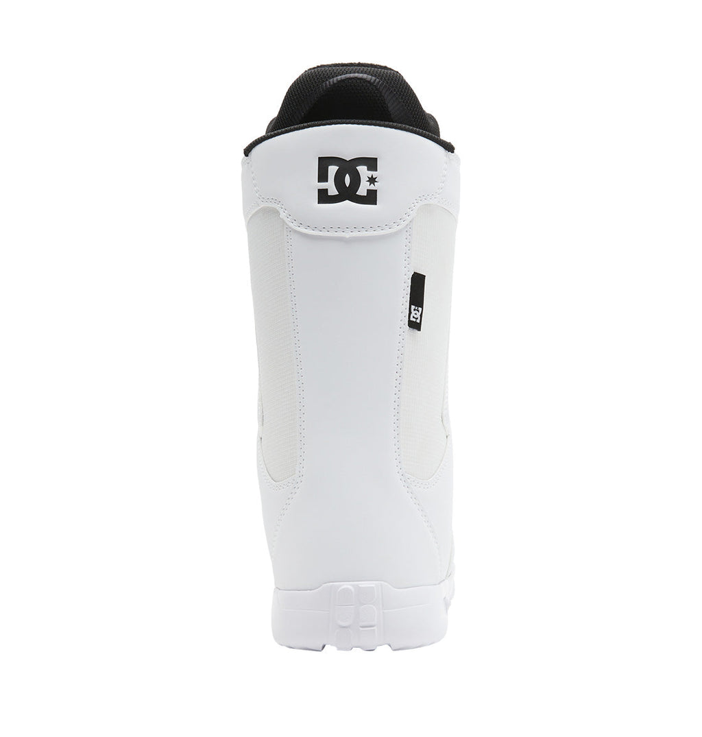 A rear view of the Women’s Phase BOA® Snowboard Boots by DC Shoes in white, highlighting the black DC Shoes logo at the top and a small black tag on the heel. The visible sole and upper display the classic Phase design elements.