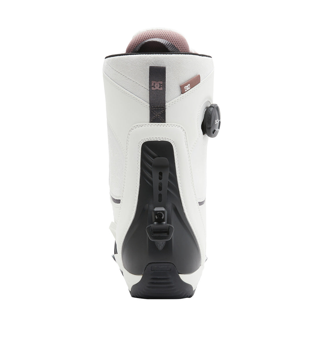 Rear view of a single light gray DC Shoes Women’s Lotus Step On® Snowboard Boot featuring a black adjustable heel mechanism and a side dial. The padded top collar includes a small brown DC logo tag near the upper edge.