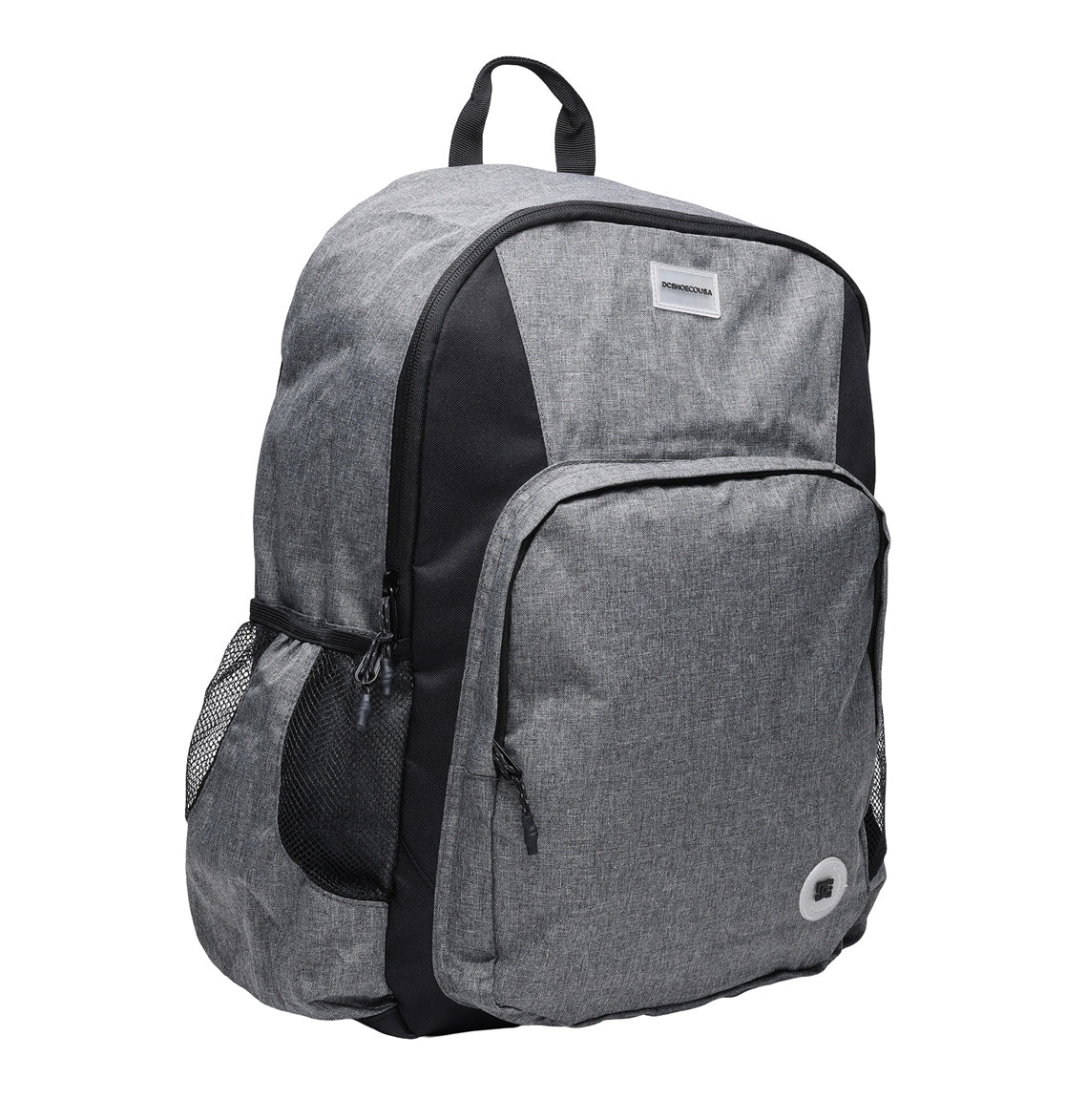 The DC Shoes Locker Backpack, shown against a white background, is gray with black accents and features a front zippered pocket, mesh side pockets, a small top handle, adjustable shoulder straps, and a padded laptop sleeve.