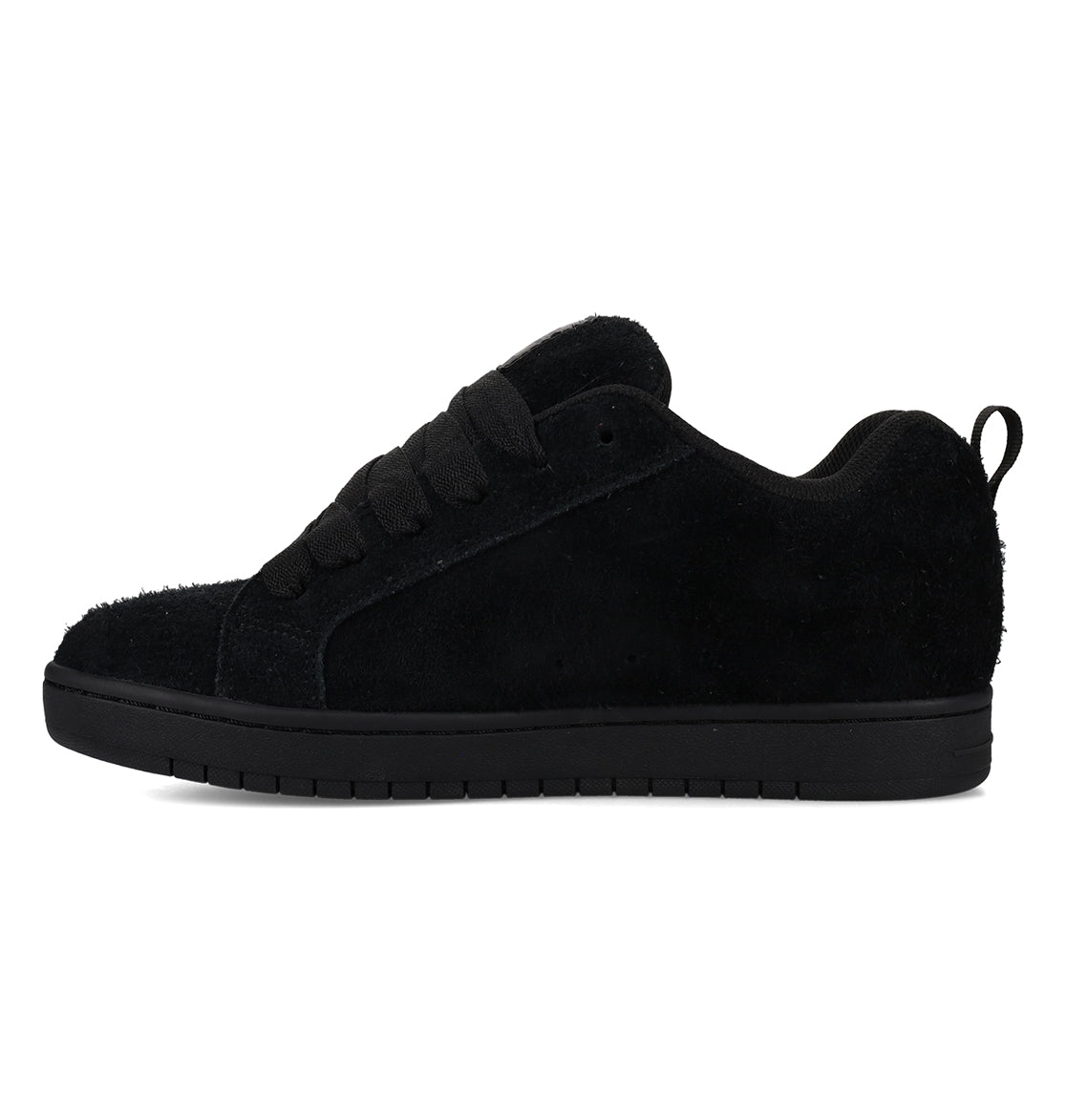 The Men’s Court Graffik Special Edition Shoes by DC Shoes are shown in a left side profile on a white background. This black suede sneaker features a flat, two-tone sole, black laces, and a pull tab at the heel. Designed with a sleek yet subtly puffy silhouette, these men’s shoes offer modern appeal.