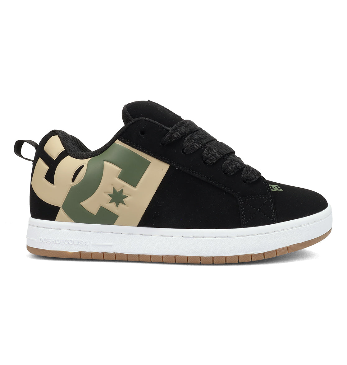 The Men’s Court Graffik Special Edition Shoes by DC Shoes are black skate shoes featuring a beige and green DC logo on the side, a classic puffy silhouette, black laces, white midsole, and brown outsole. They are shown from a side view against a white background.