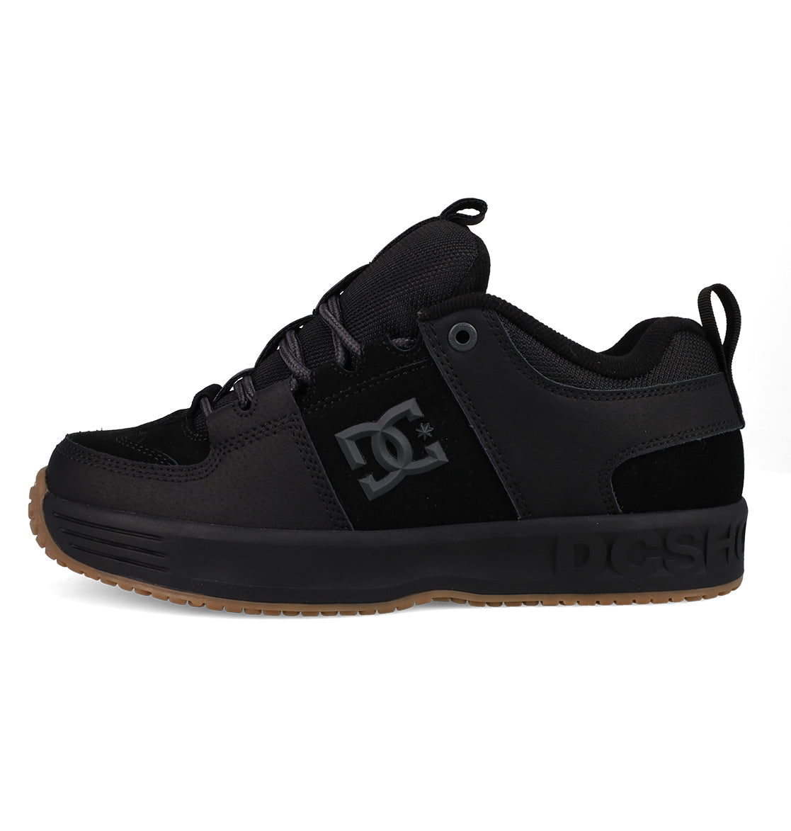 The Men's Lynx OG Shoes by DC Shoes feature a black mesh and suede upper, gum sole, black laces, side DC logo, low-cut skate-friendly design, and a heel loop—making them a DC Team favorite for skateboarding.