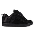 The DC Shoes Women's Court Graffik SD Shoes feature a black puffy silhouette, thick sole, wide satin laces, suede and satin materials, and a bold DC logo on the side.
