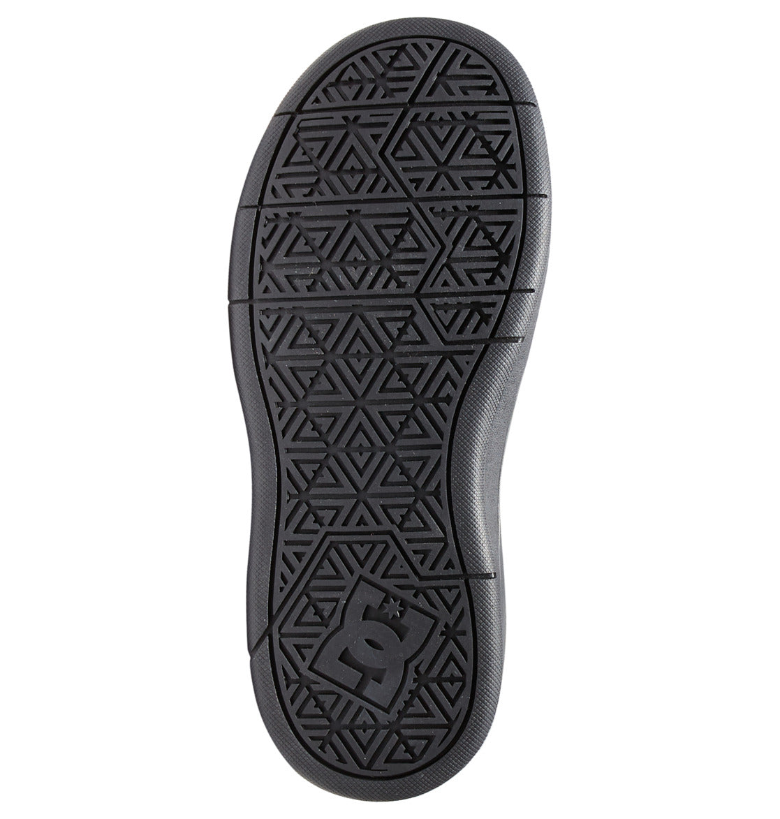 The Kids’ Cure High-Top Shoes from DC Shoes feature a black sole adorned with geometric triangle patterns and lines, along with a raised DC logo near the heel. The textured tread design offers excellent grip and traction, making these affordable shoes from the DC Kids collection perfect for everyday wear.