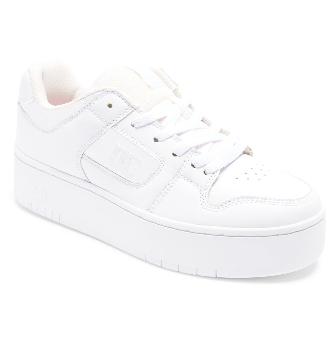 Featuring a thick sole, lace-up closure, and a subtle embossed logo on the side, the Women’s Manteca 4 Platform Shoes by DC Shoes are white low-top sneakers photographed from an angled view against a white background—bringing a stylish update to classic women’s platform footwear.