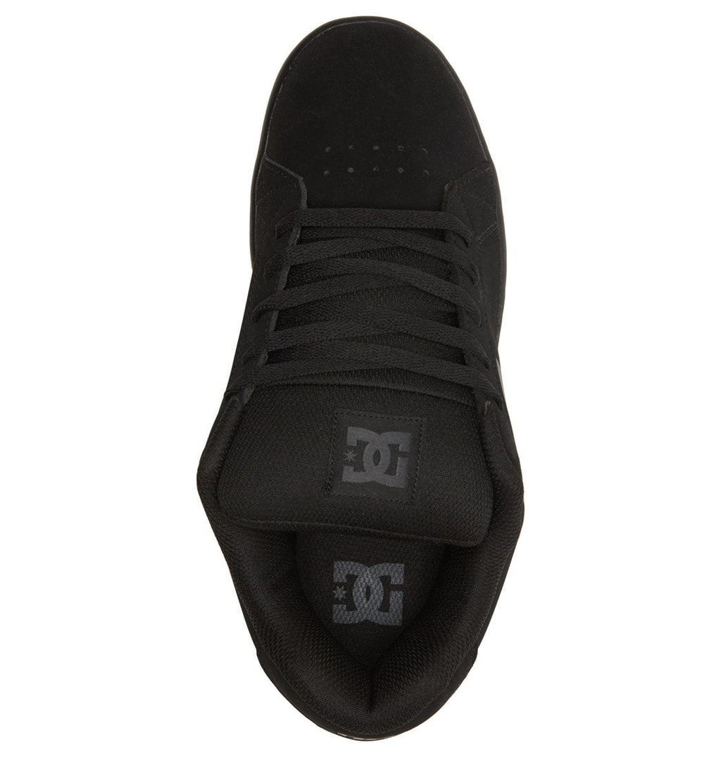 Top view of the Men’s Gaveler Shoes by DC Shoes in black, featuring black laces, perforations on the toe box, and prominent DC Shoes branding on both the padded tongue and insole—crafted from durable leather that defines the signature aesthetic of the Gaveler collection.