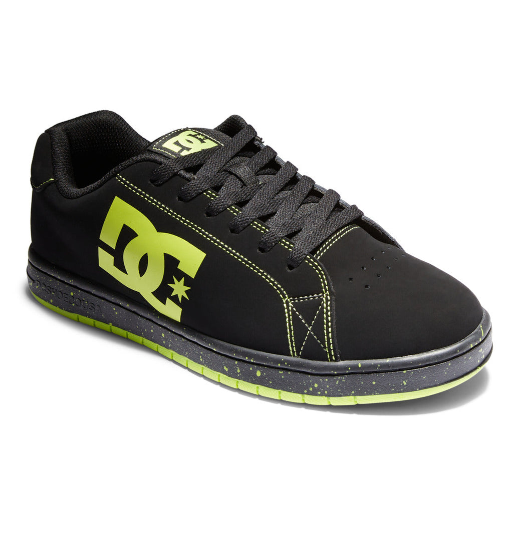 Introducing the Men’s Gaveler Shoes by DC Shoes—a bold black skate sneaker featuring vibrant neon yellow logo detailing, striking accents, and a speckled midsole. This low-top design is equipped with black laces and boasts a chunky silhouette, expertly crafted from durable leather to deliver lasting style and reliable support.