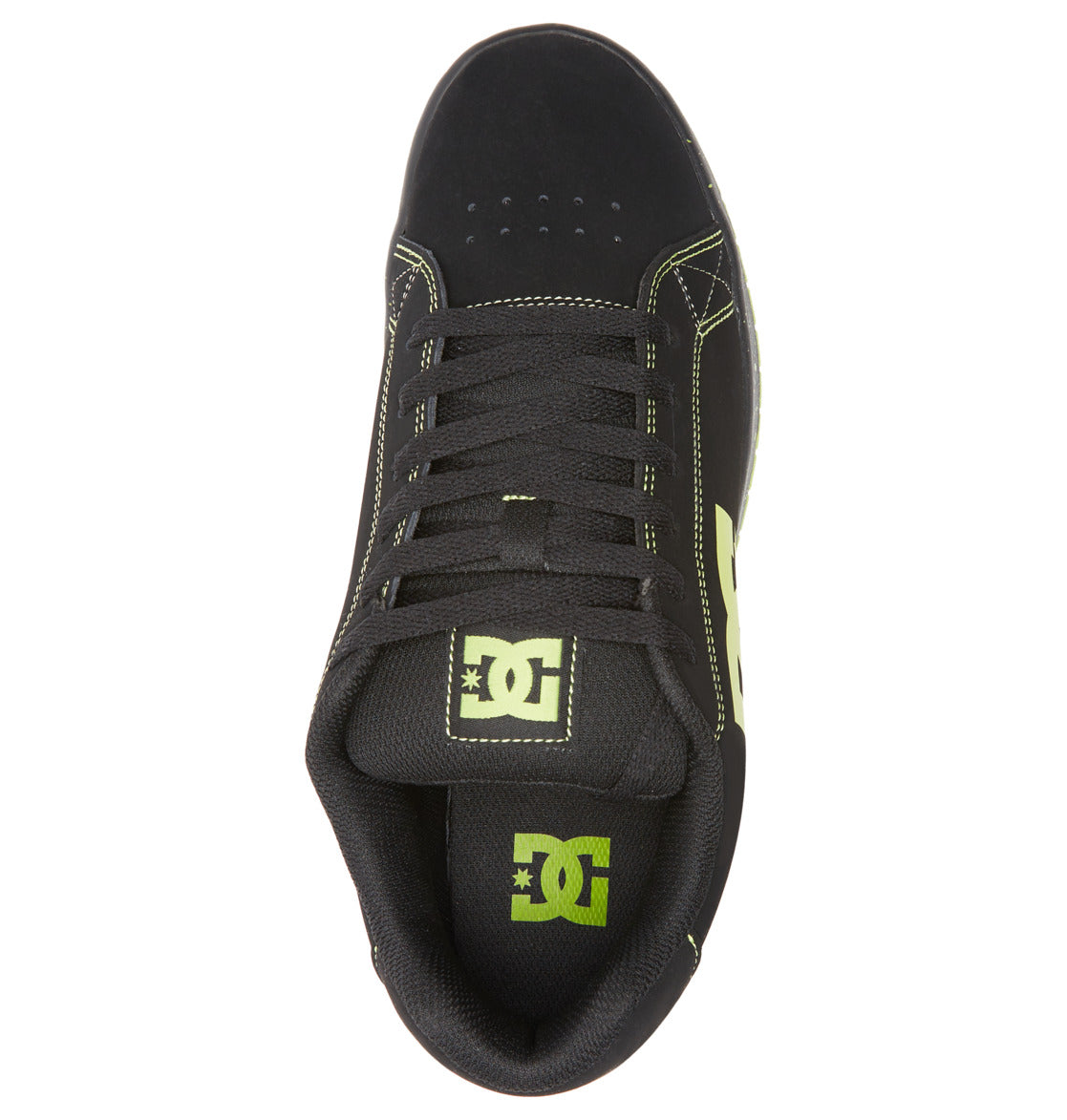 Top view of the Men’s Gaveler Shoes by DC Shoes, crafted in the style of chunky sneakers with black leather uppers, eye-catching yellow-green logos on the tongue and side, coordinating black laces, and vibrant yellow-green stitching accents—a standout pair built for durability.