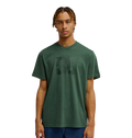 A person with short, curly hair is wearing the Men's DC Star Pigment Dye Tee by DC Shoes—a dark green graphic skate shirt featuring a subtle DC artwork design and a relaxed fit—while standing against a plain white background.
