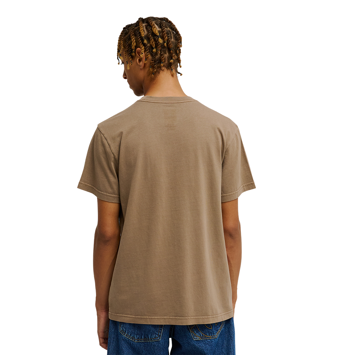 A person with short, twisted hair is shown from the back against a plain white background, wearing the Men's DC Star Pigment Dye Tee by DC Shoes and blue jeans.