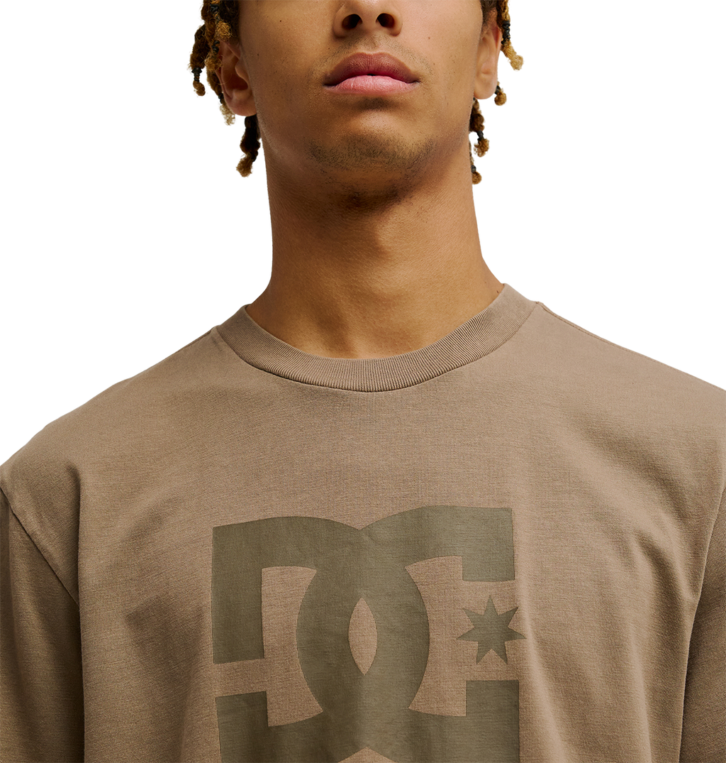 A young person wearing the Men's DC Star Pigment Dye Tee by DC Shoes in taupe, featuring the DC logo, shown from the shoulders up with a neutral expression against a plain white background.