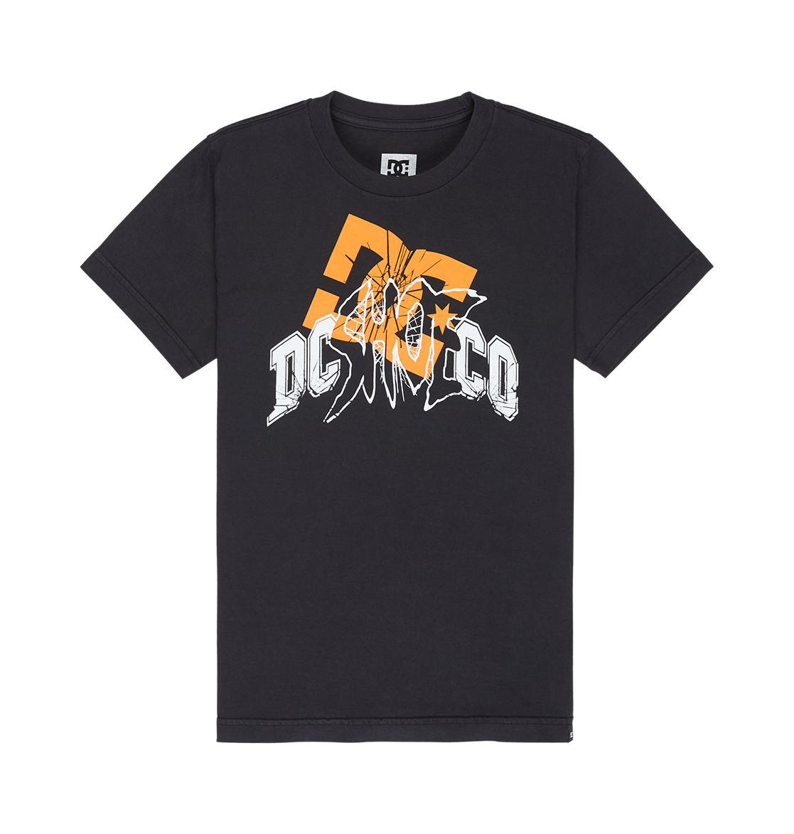 Stay true to skate style with the DC Speratic Tee Youth by DC Shoes—a black, short-sleeve t-shirt featuring a large, distressed orange DC logo and bold white "DCSHOECO" text in a fragmented graphic design across the front for an authentic skater look.