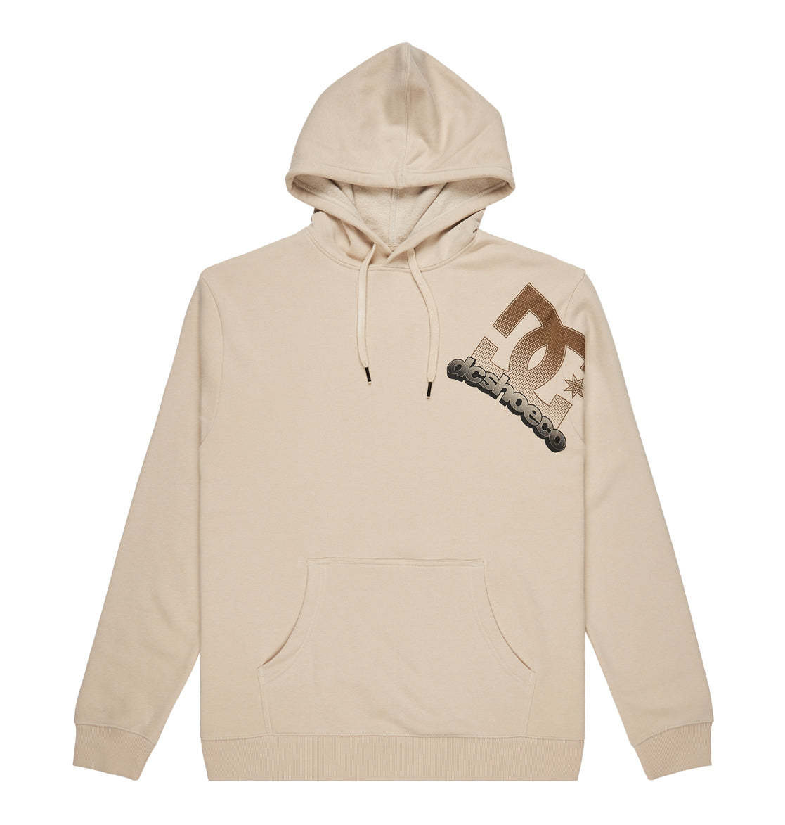 Men’s Solid Lefty Hoodie by DC Shoes in beige streetwear style, featuring a front pocket, an adjustable hood with drawstrings, and a bold brown and black DC Shoes logo on the upper left chest for standout style.