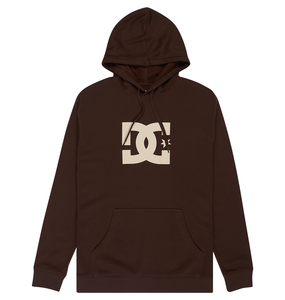 The Men's DC Star Hoodie by DC Shoes is a brown pullover with a front pocket and a large beige DC Shoes logo on the chest, showcasing classic DC graphics for standout style.