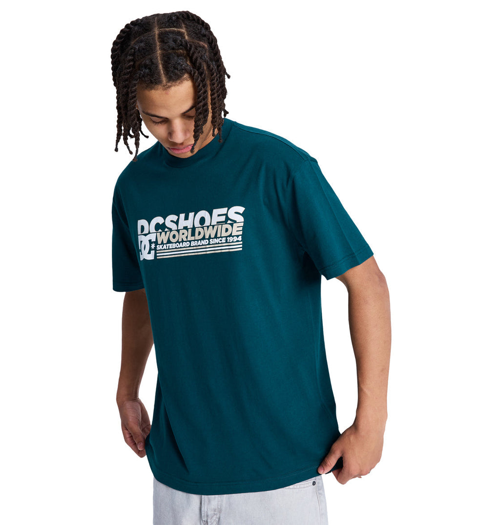 A person with braided hair wears a teal Reebok Queltra Lhss t-shirt and light-colored pants, looking down while holding the bottom of the shirt. The background is plain white.