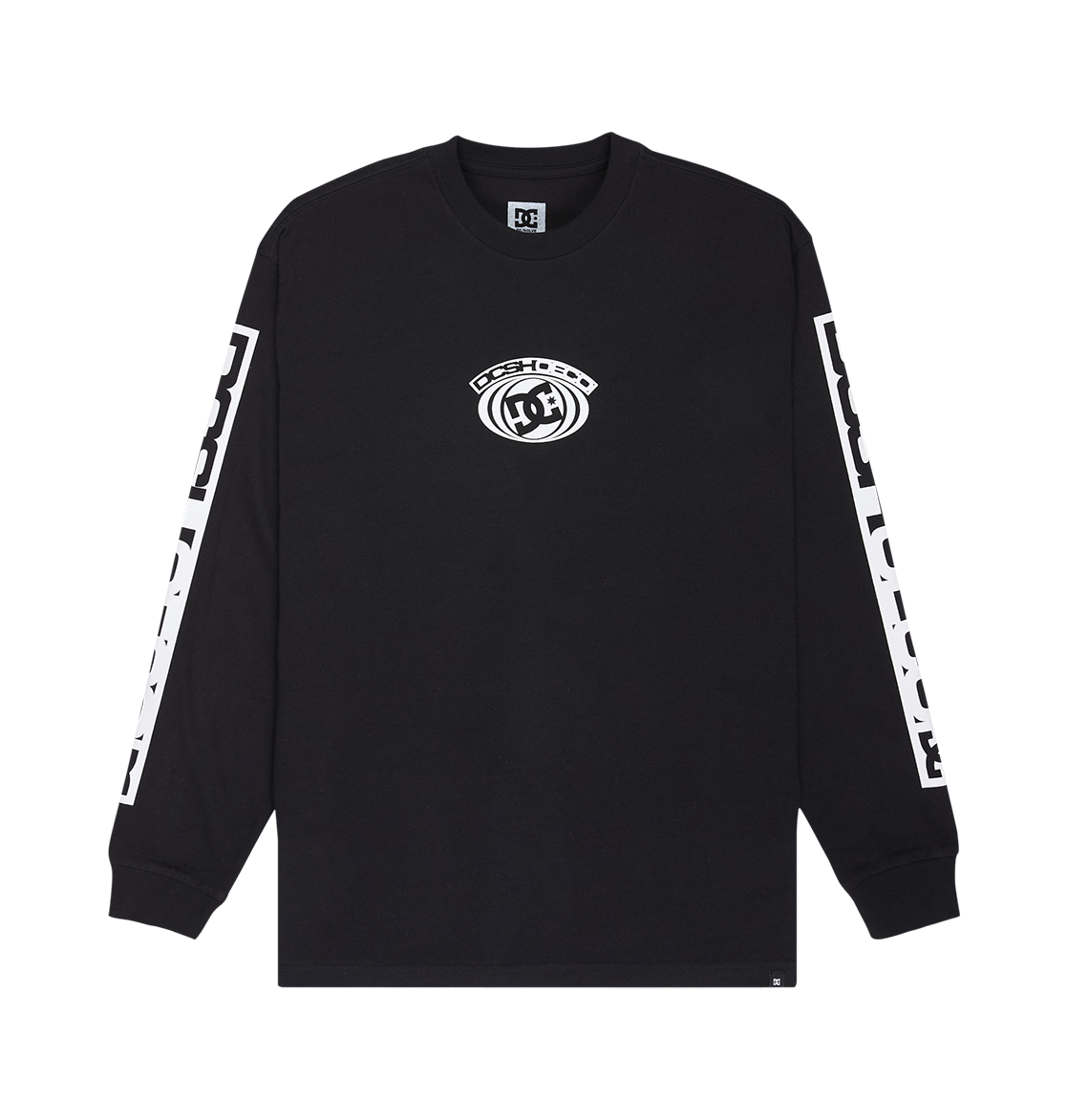 The Men's DC Echo Tee by DC Shoes is a black long-sleeve graphic t-shirt featuring a white DC Shoes logo on the chest and bold white "DC SHOES" text running down both sleeves. Iconic DC artwork gives this tee a standout look, ideal for skate sessions or casual wear. The shirt is displayed laid flat on a white background.